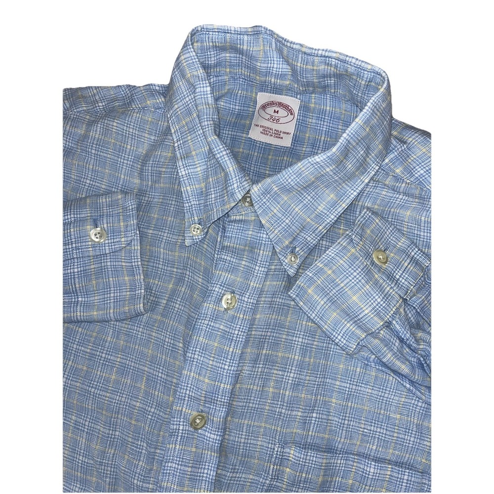 Brooks Brothers 346 100% Linen Blue Windowpane Plaid Button Down Shirt Men's M